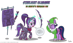 Size: 2196x1287 | Tagged: safe, artist:perfectblue97, derpibooru import, starlight glimmer, twilight sparkle, twilight sparkle (alicorn), alicorn, elf, pony, unicorn, banner, bow (weapon), christmas, dark elf, duo, elf costume, facehoof, fantasy, fantasy class, female, glowing horn, hearth's warming eve, holiday, horn, magic, mare, misspelling, speech bubble, sword, telekinesis, warhammer (game), warhammer fantasy, weapon