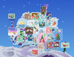 Size: 5833x4500 | Tagged: safe, anonymous artist, derpibooru import, alice the reindeer, apple bloom, applejack, aurora the reindeer, berry punch, berryshine, big macintosh, bori the reindeer, discord, fluttershy, pinkie pie, rarity, toe-tapper, torch song, oc, oc:late riser, bird, deer, draconequus, earth pony, owl, pegasus, pony, reindeer, unicorn, series:fm holidays, series:hearth's warming advent calendar, abstract background, absurd resolution, advent calendar, alcohol, apple, aunt and nephew, baby, baby bottle, baby pony, bell, bipedal, bipedal leaning, bird house, blanket, blush sticker, blushing, book, boop, boots, broom, button eyes, candle, candy, candy cane, caroling, carrot, cartoon physics, chocolate, christmas, christmas lights, christmas ornament, christmas stocking, christmas sweater, christmas tree, christmas wreath, close-up, clothes, coal, coat, coffee mug, colt, cookie, cozy, crescent moon, cuddling, cup, cute, decoration, disembodied hand, doll, dress, drink, drinking, drool, drunk, drunk bubbles, drunkershy, duster, earmuffs, eggnog, embarrassed, equestrian flag, eyes closed, facing away, family, feather, female, figure skating, fire, fireplace, fishing rod, flag pole, fluttermac, fluttermom, fluttershy's cottage, flying, food, gingerbread (food), gingerbread pony, glowing horn, green background, hand, happy, hat, hat off, heart, hearth's warming, hearth's warming doll, hearth's warming eve, hearth's warming tree, hidden eyes, high res, holding a pony, holiday, holly, hood, hoof hold, hoof on chin, hoof sucking, horn, hot chocolate, ice, ice skates, ice skating, imminent kissing, in which pinkie pie forgets how to gravity, kissu, ladder, leaf, leaning, levitation, lineless, looking at each other, looking at you, looking away, looking up, lying down, macabetes, magic, mailbox, male, mare, marshmallow, mistletoe, mittens, moon, mother and child, mother and son, mug, music notes, night, noseboop, now kiss, offscreen character, offspring, one eye closed, onomatopoeia, open mouth, overdressed, overhead view, pacifier, parent and child, parent:big macintosh, parent:fluttershy, parents:fluttermac, pillow, pinkie being pinkie, pinkie physics, plaid, plaid background, plushie, pointy ponies, ponytones, portal, present, pulling sleigh, pushing, raised hoof, rarity is a marshmallow, red face, reindeerified, ribbon, running, santa hat, scarf, shipper on deck, shipping, shoes, shopping, simple background, singing, sitting, sled, sledding, sleeping, sleigh, smiling, snow, snow angel, snow globe, snowball, snowball fight, snowfall, snowflake, snowpony, soon, sound effects, species swap, speed lines, stallion, standing, standing on one leg, straight, straw, straw in mouth, sweater, table, tape, teacup, telekinesis, the gift givers, tinsel, tongue out, top hat, towel, toy, tree, turtleneck, unmoving plaid, wagon wheel, wall of tags, wavy mouth, whipped cream, white background, windswept mane, winter, winter clothes, winter outfit, wrapping, wrapping paper, wreath, zzz