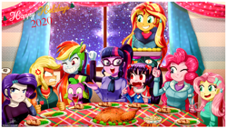 Size: 2160x1220 | Tagged: safe, artist:the-butch-x, applejack, fluttershy, pinkie pie, rainbow dash, rarity, sci-twi, spike, spike the regular dog, sunset shimmer, twilight sparkle, oc, oc:cassey, bird, dog, equestria girls, christmas, clothes, cross-popping veins, drool, eating, food, holiday, humane five, humane seven, humane six, meat, one eye closed, open mouth, rarity is not amused, scarf, sweat, sweatdrop, turkey, unamused