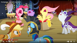 Size: 1366x768 | Tagged: safe, screencap, applejack, fluttershy, pinkie pie, rainbow dash, rarity, spike, twilight sparkle, unicorn twilight, dragon, earth pony, pegasus, pony, unicorn, hearth's warming eve (episode), backstage, bipedal, box, cosplay, costume, curtains, female, hearth's warming eve, looking at each other, mane six, nose in the air, open mouth, rainbutt dash, spread wings, uvula, youtube, youtube link