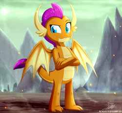 Size: 1280x1192 | Tagged: safe, artist:the-butch-x, smolder, dragon, crossed arms, dragon lands, embers, female, looking at you, mountain, open mouth, outdoors, raised eyebrow, raised leg, smoke, solo, spread wings