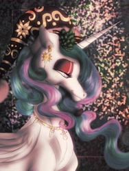 Size: 2448x3264 | Tagged: safe, artist:princessrosemcmitten, derpibooru import, princess celestia, alicorn, pony, abstract background, bust, candy, candy cane, christmas, ear piercing, earring, female, festive, food, hat, holiday, jewelry, lidded eyes, mare, necklace, piercing, portrait, santa hat, smiling, snowman, solo