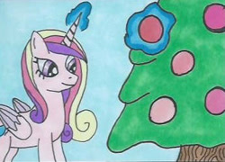 Size: 346x249 | Tagged: safe, artist:bluewolf-2020, derpibooru import, princess cadance, alicorn, pony, christmas, christmas decoration, christmas tree, decorating, holiday, looking down, solo, traditional art, tree