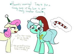Size: 971x715 | Tagged: safe, artist:davierocket, derpibooru import, bon bon, lyra heartstrings, sweetie drops, earth pony, unicorn, bon bon is not amused, candy, candy cane, christmas, female, food, glare, hat, holiday, imminent anal insertion, imminent insertion, l.u.l.s., lesbian, looking back, lyrabon, magic, santa hat, shipping, simple background, telekinesis, text, this will end in pain, this will end in tears, unamused, white background
