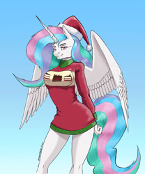 Size: 1100x1320 | Tagged: safe, artist:baron engel, derpibooru import, princess celestia, alicorn, anthro, breasts, cake, christmas, clothes, female, food, gradient background, hat, holiday, looking at you, mare, princess breastia, santa hat, smiling, solo, sweater