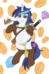 Size: 960x1444 | Tagged: safe, artist:jargon scott, derpibooru import, gleaming shield, shining armor, pony, unicorn, armor, belly button, boots, cake, chubby, coin, fat, female, food, gem, loincloth, looking at you, mare, rule 63, shining blubber, shoes, smiling, solo, sword, unconvincing armor, weapon