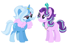 Size: 742x441 | Tagged: safe, artist:meimelland, derpibooru import, starlight glimmer, trixie, alternate hairstyle, female, horn, horn ring, jewelry, lesbian, necklace, race swap, ring, shipping, startrix