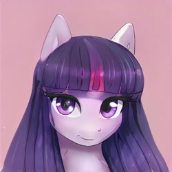 Size: 1024x1024 | Tagged: safe, artist:thisponydoesnotexist, derpibooru import, looking at you, neural network, not twilight sparkle, pink background, simple background