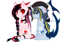 Size: 3032x1978 | Tagged: safe, artist:riariirii2, derpibooru import, oc, oc only, bat pony, pony, unicorn, bat pony oc, bat wings, bow, braid, collar, duo, eyelashes, hair bow, hat, horn, pirate hat, simple background, smiling, transparent background, unicorn oc, wings