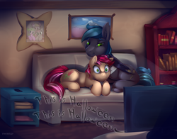 Size: 4200x3300 | Tagged: safe, artist:viwrastupr, derpibooru import, daisy, flower wishes, roseluck, oc, oc:spark gap, bat pony, earth pony, fanfic:fine print, bat pony oc, bat wings, canon x oc, fanfic art, female, fimfiction, male, mare, sofa, stallion, television, the nightmare before christmas, wings