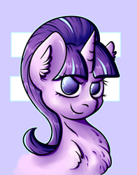 Size: 2273x2902 | Tagged: safe, artist:coco-drillo, derpibooru import, starlight glimmer, pony, unicorn, the cutie map, bust, chest fluff, ear fluff, equality, equality mark, evil, evil grin, evil starlight, grin, looking at you, simple background, smiling, smirk, solo, villainess, villains of equestria