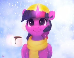 Size: 3067x2411 | Tagged: safe, artist:thefloatingtree, derpibooru import, twilight sparkle, twilight sparkle (alicorn), alicorn, pony, clothes, female, front view, glowing horn, hat, horn, magic, mare, mug, scarf, smiling, snow, solo, telekinesis