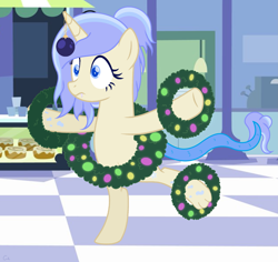 Size: 2521x2379 | Tagged: safe, artist:caticornie, derpibooru import, oc, oc:raindrop, unicorn, christmas decoration, christmas shopping, horn, shopping, solo, unicorn oc