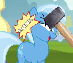 Size: 741x641 | Tagged: safe, derpibooru import, edit, edited screencap, screencap, trixie, abuse, bonk, hammer, sledgehammer, solo, trixiebuse