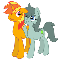 Size: 1200x1200 | Tagged: safe, artist:ricky_mckim, derpibooru import, oc, oc only, oc:ricky, oc:toto, earth pony, pony, unicorn, 2021 community collab, derpibooru community collaboration, female, lesbian, mare, oc x oc, shipping, simple background, transparent background