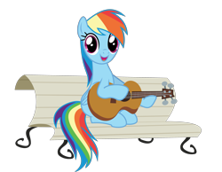 Size: 3601x2794 | Tagged: safe, alternate version, anonymous artist, derpibooru exclusive, derpibooru import, rainbow dash, pegasus, pony, .svg available, background removed, bench, eyelashes, female, foal house, guitar, mare, musical instrument, open mouth, outdoors, simple background, sitting, smiling, solo, svg, transparent background, tree, vector