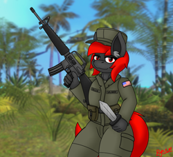 Size: 2961x2700 | Tagged: safe, artist:ryanthecone, derpibooru import, oc, oc:ryanthecone, anthro, earth pony, assault rifle, curvy, gun, knife, m16, no trigger discipline, rifle, soldier, thick, us army, vietnam war, weapon