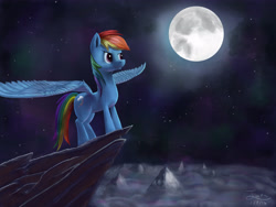 Size: 4000x3000 | Tagged: safe, artist:cyonixcymatro, derpibooru import, rainbow dash, pegasus, pony, female, mare, moon, mountain, night, scenery, solo, spread wings, wings