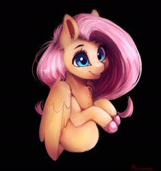 Size: 2238x2380 | Tagged: safe, artist:miokomata, derpibooru import, fluttershy, pegasus, pony, black background, bust, chest fluff, colored hooves, cute, female, folded wings, freckles, freckleshy, high res, looking at you, mare, shyabetes, simple background, smiling, solo, three quarter view, wings
