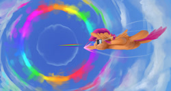 Size: 1383x738 | Tagged: safe, artist:cyonixcymatro, derpibooru import, rainbow dash, scootaloo, pegasus, pony, atg 2019, flying, newbie artist training grounds, rainbow trail, scootaloo can fly, sky, sonic rainboom