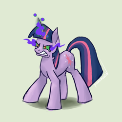 Size: 700x700 | Tagged: safe, artist:aarqzn, derpibooru import, twilight sparkle, unicorn twilight, unicorn, brown background, dark magic, glowing horn, gritted teeth, horn, magic, simple background, solo, sombra eyes, translucent background, yellow background