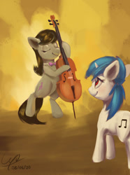 Size: 973x1311 | Tagged: safe, artist:cyonixcymatro, derpibooru import, dj pon-3, octavia melody, vinyl scratch, earth pony, pony, unicorn, atg 2020, bipedal, cello, eyes closed, female, lesbian, mare, musical instrument, newbie artist training grounds, pizzicato, quadrupedal, scratchtavia, shipping