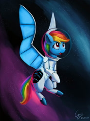 Size: 1000x1350 | Tagged: safe, artist:cyonixcymatro, derpibooru import, rainbow dash, pegasus, pony, female, mare, solo, space, space helmet, spacesuit