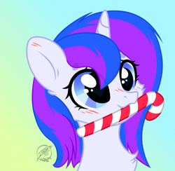 Size: 1920x1872 | Tagged: safe, artist:lazuli, artist:zakry farkos, derpibooru import, oc, oc only, unicorn, base used, candy, candy cane, commission, cute, female, food, mare, simple background, solo, ych result, your character here