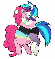 Size: 2760x2968 | Tagged: safe, artist:collaredginger, artist:secretdraws, derpibooru import, dj pon-3, pinkie pie, vinyl scratch, earth pony, pony, semi-anthro, unicorn, chubby, clothes, cuddling, eyes closed, fat, female, hug, lesbian, shipping, smiling, sunglasses, vinylpie