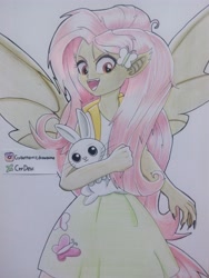 Size: 3120x4160 | Tagged: safe, artist:crydevi, derpibooru import, angel bunny, fluttershy, bat pony, equestria girls, bat ponified, flutterbat, race swap