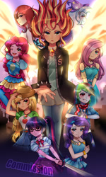 Size: 1280x2134 | Tagged: safe, artist:hanasakiyunarin, derpibooru import, applejack, fluttershy, moondancer, pinkie pie, rainbow dash, rarity, sci-twi, sunset shimmer, trixie, twilight sparkle, equestria girls, commission, cutie mark accessory, daydream shimmer, fiery wings, geode of fauna, geode of shielding, geode of sugar bombs, geode of super speed, geode of super strength, geode of telekinesis, humane five, humane seven, humane six, magical geodes, open mouth, smiling, sword, weapon, wings