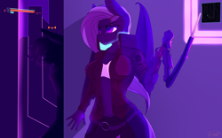 Size: 3200x2000 | Tagged: safe, artist:chapaevv, derpibooru import, oc, oc:moon shine, anthro, anthro oc, blade, crossover, cyber arm, cyberpunk, night, patreon, patreon reward, solo, weapon