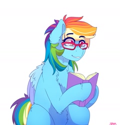 Size: 1593x1659 | Tagged: safe, artist:aaa-its-spook, derpibooru import, rainbow dash, pegasus, pony, book, egghead, egghead dash, female, glasses, rainbow dork, reading, simple background, solo, white background