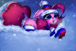 Size: 2853x1932 | Tagged: safe, artist:mite-lime, derpibooru import, pinkie pie, earth pony, pony, blushing, cheek fluff, clothes, cold, cute, cyrillic, diapinkes, dock, dock fluff, ear fluff, floppy ears, hat, open mouth, russia, scarf, snow, snowflake, solo, stockings, thigh highs, winter