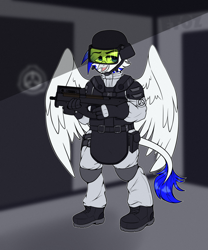 Size: 2000x2400 | Tagged: safe, artist:etoz, derpibooru import, oc, oc only, oc:light speed, anthro, griffon, anthro oc, armpits, belt, boots, bulletproof vest, clothes, commission, eyebrows, gloves, griffon oc, gun, helmet, male, pants, pockets, scp, scp foundation, shoes, smiling, solo, weapon, wingding eyes, wings