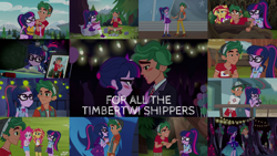 Size: 1986x1117 | Tagged: safe, derpibooru import, edit, edited screencap, editor:quoterific, screencap, canter zoom, pinkie pie, sci-twi, sunset shimmer, timber spruce, twilight sparkle, eqg summertime shorts, equestria girls, equestria girls series, legend of everfree, mad twience, star crossed, unsolved selfie mysteries, female, male, shipping, straight, timbertwi