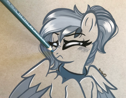 Size: 3383x2637 | Tagged: safe, artist:emberslament, derpibooru import, oc, oc only, pegasus, pony, blushing, boop, clothes, colored pencil drawing, colored pencils, eyes closed, female, grumpy, mare, monochrome, pencil boop, photo, ponytail, scarf, scrunchy face, traditional art