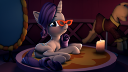 Size: 3840x2160 | Tagged: safe, artist:psfmer, derpibooru import, rarity, pony, unicorn, 3d, bedroom eyes, blushing, butt, candle, carousel boutique, dock, looking at you, looking back, looking back at you, lying down, mannequin, mirror, on side, open mouth, plot, rarity's glasses, rearity, sfm pony, source filmmaker, stage, underhoof