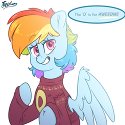 Size: 2000x2000 | Tagged: safe, artist:fluffyxai, derpibooru import, rainbow dash, pegasus, pony, alternate hairstyle, christmas sweater, clothes, smiling, smirk, speech bubble, spread wings, sweater, text, wings