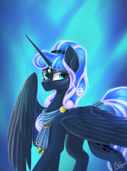 Size: 1480x2000 | Tagged: safe, artist:evedizzy26, derpibooru import, idw, princess luna, alicorn, pony, abstract background, artemis luna, female, lidded eyes, looking at you, mare, smiling, solo, spread wings, tail wrap, wings