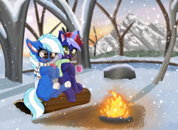 Size: 6000x4391 | Tagged: safe, artist:windy-pony, derpibooru import, oc, oc only, oc:anny tr3e, oc:exobass, pegasus, unicorn, campfire, chocolate, clothes, cute, female, fire, food, hot chocolate, log, male, mare, mountain, scarf, sitting, snow, snowfall, stallion, tree