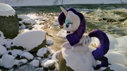 Size: 2048x1152 | Tagged: artist needed, safe, derpibooru import, photographer:pakapaka1993, rarity, pony, irl, photo, plushie, snow, solo