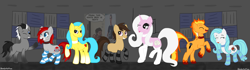 Size: 5000x1400 | Tagged: safe, artist:bloodysticktape, derpibooru import, oc, earth pony, unicorn, commission, dance party, dancing, earth pony oc, female, group photo, male, mare, socks, stallion, unicorn oc