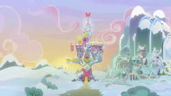 Size: 1280x720 | Tagged: safe, derpibooru import, screencap, best gift ever, background, hearth's warming, no pony, ponyville, scenic ponyville, school of friendship, snow, sunset, twilight's castle, winter