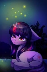 Size: 2000x3032 | Tagged: safe, artist:tatar.sauce, derpibooru import, twilight sparkle, unicorn twilight, firefly (insect), insect, pony, unicorn, female, floppy ears, mare, outdoors, prone, sitting, smiling, solo