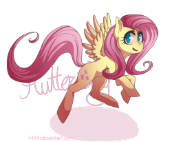 Size: 970x800 | Tagged: safe, artist:magerine, derpibooru import, fluttershy, pegasus, pony, cute, female, looking at you, mare, midair, name, open mouth, shyabetes, simple background, smiling, solo, spread wings, three quarter view, transparent background, wings