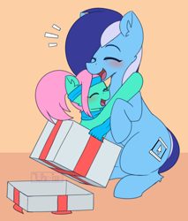 Size: 1460x1712 | Tagged: safe, artist:puetsua, derpibooru import, oc, oc:brushie brusha, oc:💚, earth pony, background, blue mane, blushing, christmas, clothes, cute, duo, female, happy, holiday, hug, mare, present, scarf