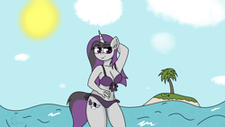 Size: 1920x1080 | Tagged: safe, artist:inky scroll, derpibooru import, oc, oc only, oc:inky scroll, anthro, unicorn, bikini, clothes, female, island, rule 63, solo, sun, swimsuit, water