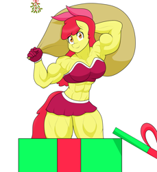 Size: 2181x2382 | Tagged: safe, artist:matchstickman, apple bloom, anthro, earth pony, christmas, looking at you, muscles, muscular female, present, sack, simple background, white background