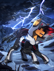 Size: 2000x2613 | Tagged: safe, artist:redchetgreen, oc, oc only, earth pony, pony, badass, clothes, high res, lightning, open mouth, snow, solo, storm